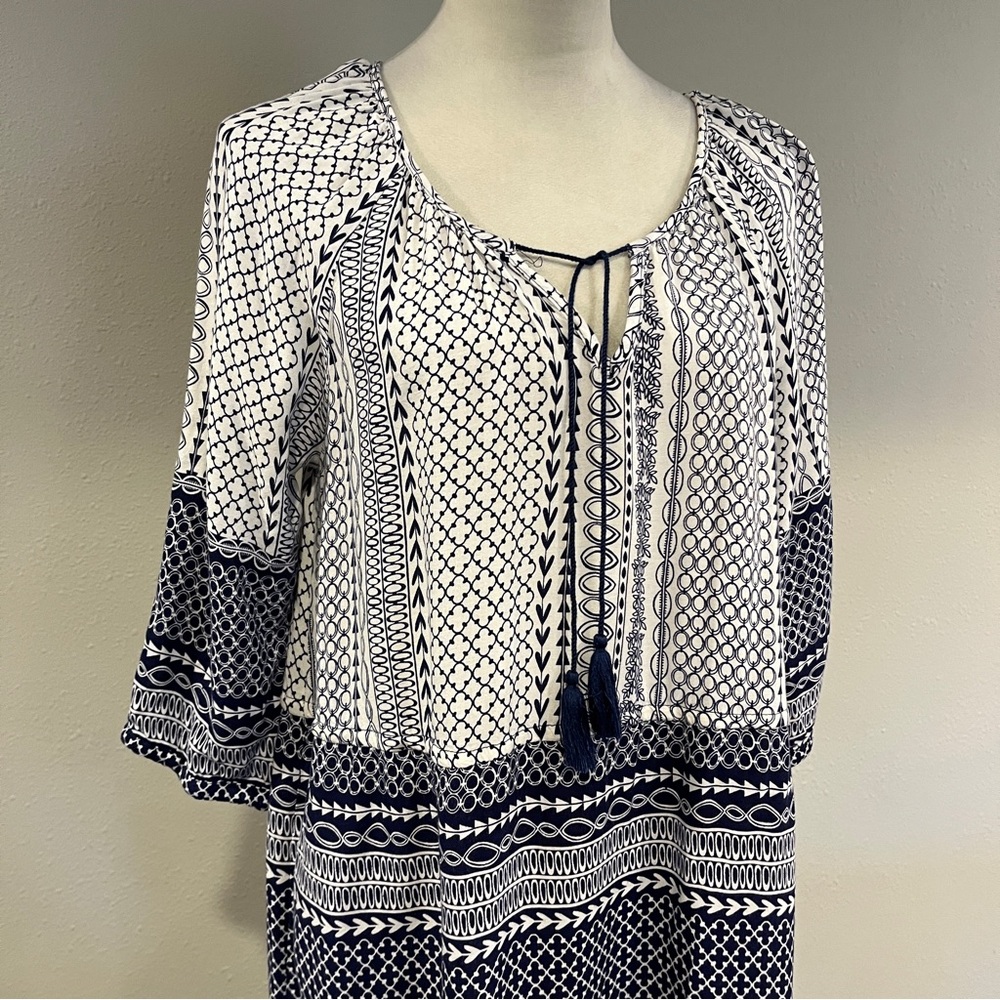 Tanzara Navy and White geometric print loose fit mini Dress size large - Picture 2 of 15